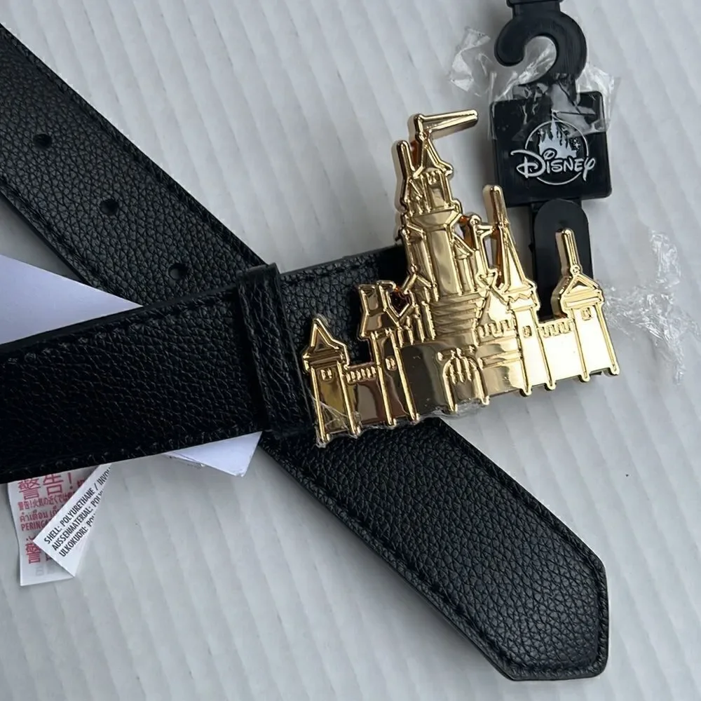 Disney Parks Gold Fantasyland Castle Buckle Black Belt - NWT